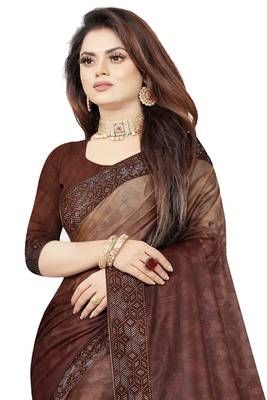 Brown embroidered net saree with blouse 3