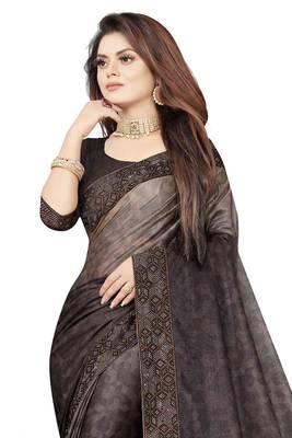 Brown embroidered net saree with blouse 3
