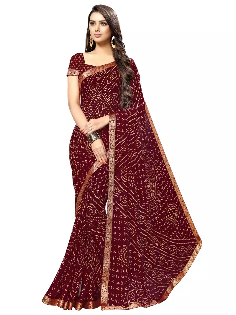 Maroon printed chiffon saree with blouse