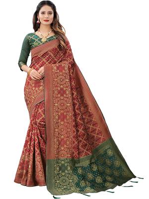 Women's Maroon Jacquard Banarasi Cotton  Silk Blend Banarasi Style Bandhani Fusion Style  1