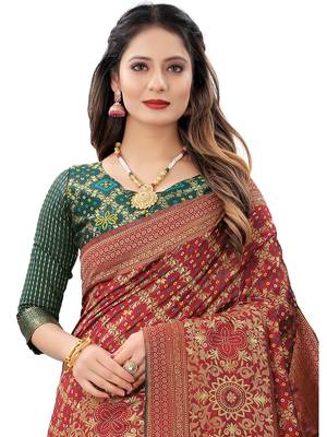 Women's Maroon Jacquard Banarasi Cotton  Silk Blend Banarasi Style Bandhani Fusion Style  2