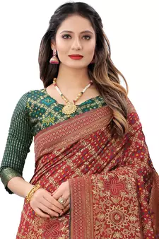 Women's Maroon Jacquard Banarasi Cotton  Silk Blend Banarasi Style Bandhani Fusion Style 