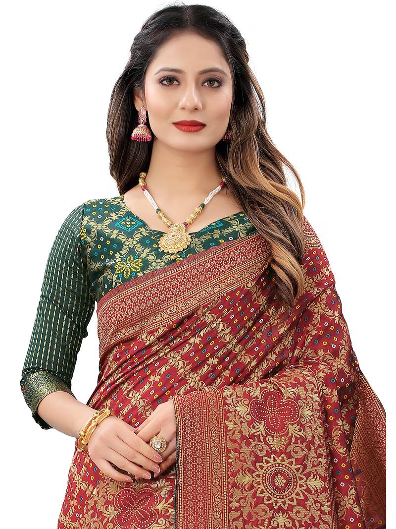 Leeza Store Women's Maroon Jacquard Banarasi Cotton  Silk Blend Banarasi Style Bandhani Fusion Style 