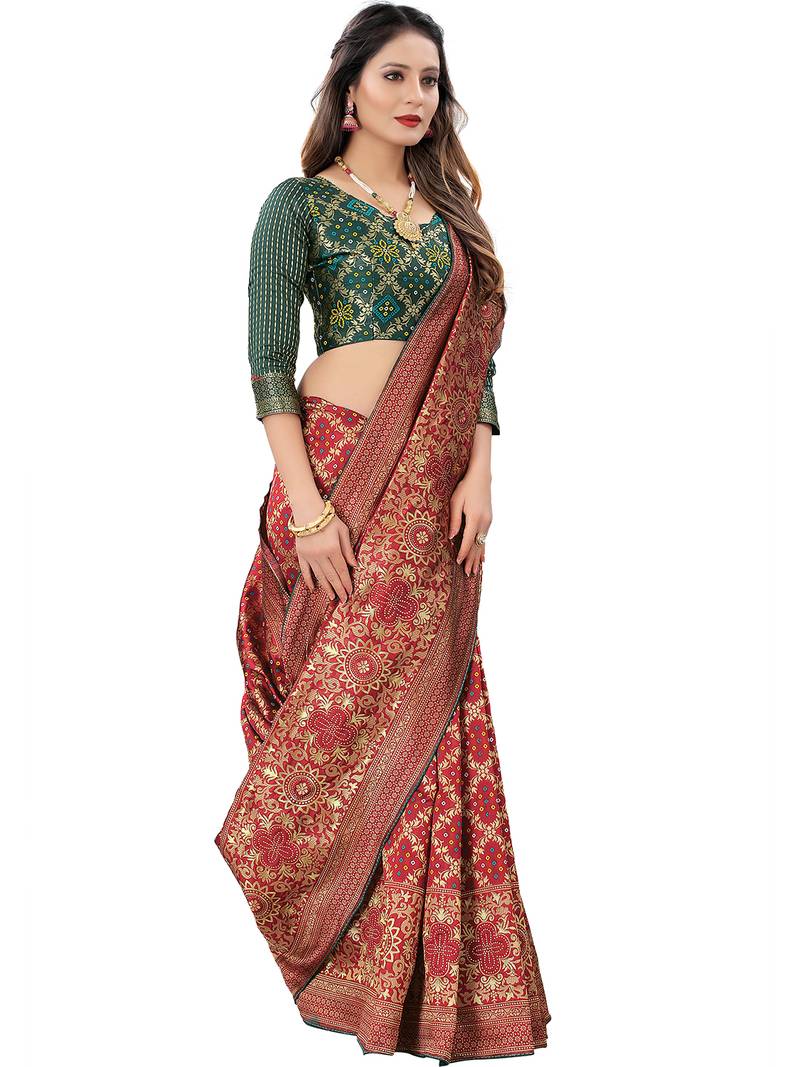 Leeza Store Women's Maroon Jacquard Banarasi Cotton  Silk Blend Banarasi Style Bandhani Fusion Style 