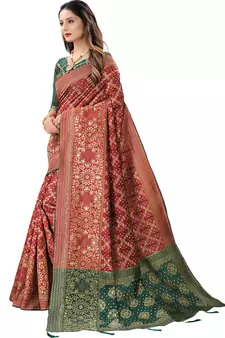 Women's Maroon Jacquard Banarasi Cotton  Silk Blend Banarasi Style Bandhani Fusion Style 