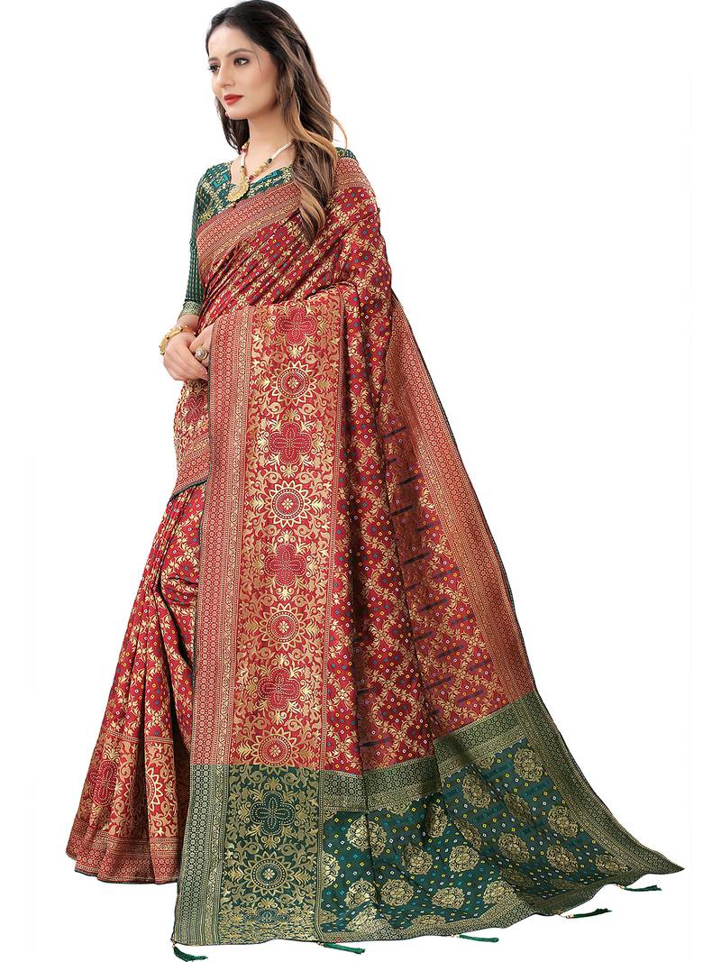 Leeza Store Women's Maroon Jacquard Banarasi Cotton  Silk Blend Banarasi Style Bandhani Fusion Style 