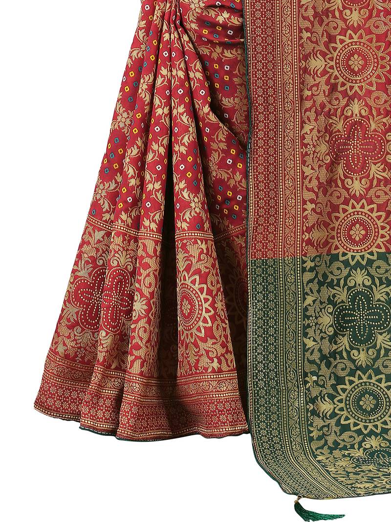Leeza Store Women's Maroon Jacquard Banarasi Cotton  Silk Blend Banarasi Style Bandhani Fusion Style 