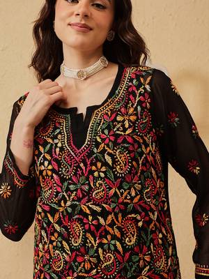 Hand Crafted Black Georgette Lucknowi Chikankari Indian Women Kurta With Slip 7