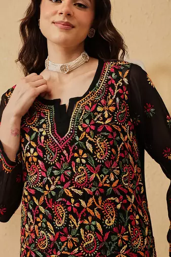 Hand Crafted Black Georgette Lucknowi Chikankari Indian Women Kurta With Slip