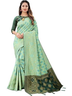 Women's Pista Green Jacquard Banarasi Cotton  Silk Blend Banarasi Style Bandhani Fusion Style  1