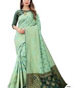 Women's Pista Green Jacquard Banarasi Cotton  Silk Blend Banarasi Style Bandhani Fusion Style 