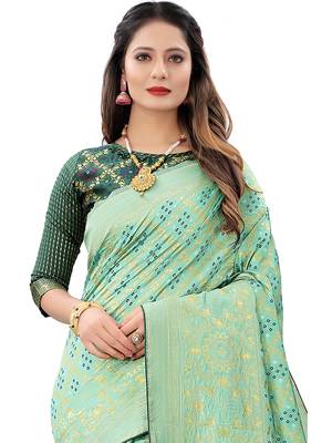 Women's Pista Green Jacquard Banarasi Cotton  Silk Blend Banarasi Style Bandhani Fusion Style  2