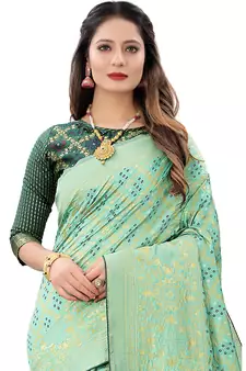 Women's Pista Green Jacquard Banarasi Cotton  Silk Blend Banarasi Style Bandhani Fusion Style 