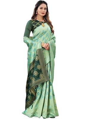 Women's Pista Green Jacquard Banarasi Cotton  Silk Blend Banarasi Style Bandhani Fusion Style  3