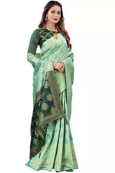 Women's Pista Green Jacquard Banarasi Cotton  Silk Blend Banarasi Style Bandhani Fusion Style 