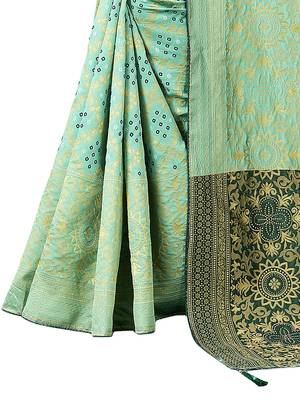 Women's Pista Green Jacquard Banarasi Cotton  Silk Blend Banarasi Style Bandhani Fusion Style  4