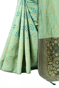 Women's Pista Green Jacquard Banarasi Cotton  Silk Blend Banarasi Style Bandhani Fusion Style 