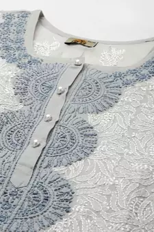 Hand Embroidered Grey Cotton Lucknowi Chikan Women Kurti