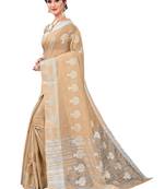 Women'S Beige Tissue Silk Silver Jacquard Woven Zari Tree Pattern Ethnic Motifs Saree With Blouse Piece