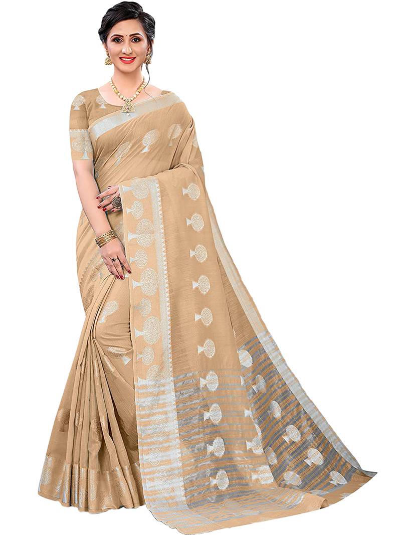 Leeza Store Women'S Beige Tissue Silk Silver Jacquard Woven Zari Tree Pattern Ethnic Motifs Saree With Blouse Piece