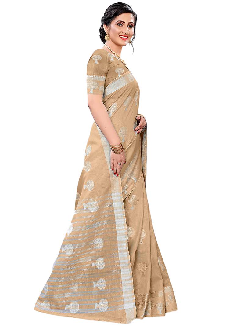 Leeza Store Women'S Beige Tissue Silk Silver Jacquard Woven Zari Tree Pattern Ethnic Motifs Saree With Blouse Piece