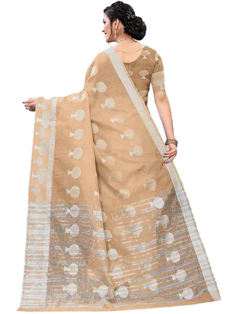 Leeza Store Women'S Beige Tissue Silk Silver Jacquard Woven Zari Tree Pattern Ethnic Motifs Saree With Blouse Piece