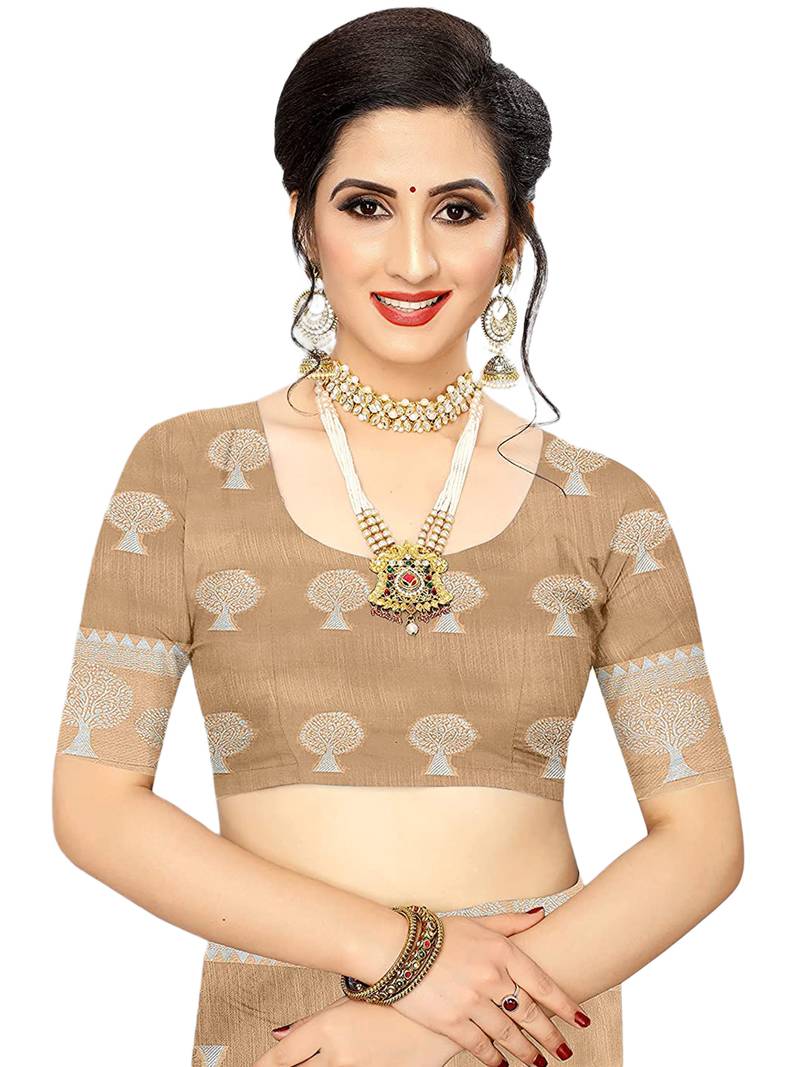 Leeza Store Women'S Beige Tissue Silk Silver Jacquard Woven Zari Tree Pattern Ethnic Motifs Saree With Blouse Piece