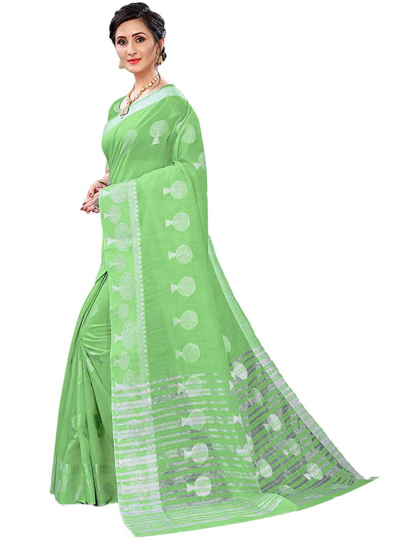 Leeza Store Women'S Green Tissue Silk Silver Jacquard Woven Zari Tree Pattern Ethnic Motifs Saree With Blouse Piece