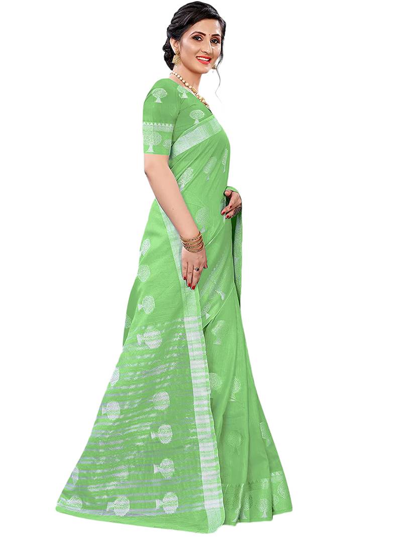Leeza Store Women'S Green Tissue Silk Silver Jacquard Woven Zari Tree Pattern Ethnic Motifs Saree With Blouse Piece
