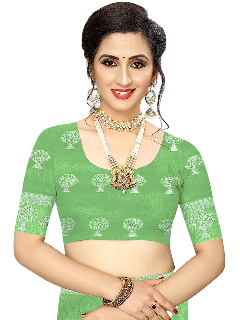 Leeza Store Women'S Green Tissue Silk Silver Jacquard Woven Zari Tree Pattern Ethnic Motifs Saree With Blouse Piece