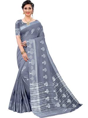 Leeza Store Women's Grey Tissue Silk Silver Jacquard Woven Zari Tree Pattern Ethnic Motifs Saree With Blouse Piece 1