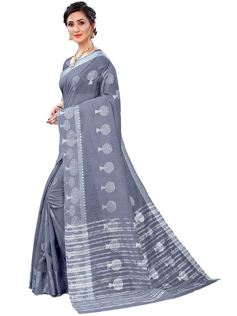Leeza Store Women's Grey Tissue Silk Silver Jacquard Woven Zari Tree Pattern Ethnic Motifs Saree With Blouse Piece