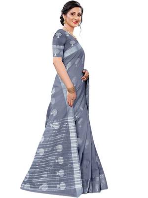 Leeza Store Women's Grey Tissue Silk Silver Jacquard Woven Zari Tree Pattern Ethnic Motifs Saree With Blouse Piece 3