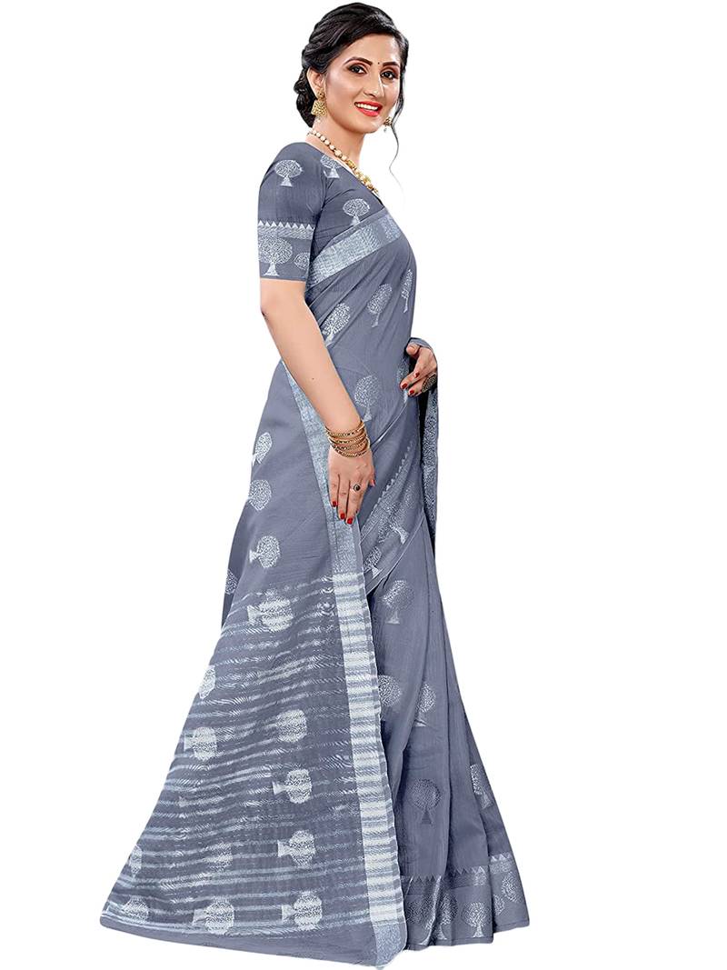 Leeza Store Women's Grey Tissue Silk Silver Jacquard Woven Zari Tree Pattern Ethnic Motifs Saree With Blouse Piece