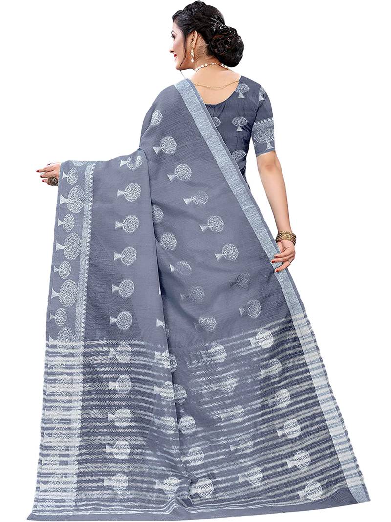 Leeza Store Women's Grey Tissue Silk Silver Jacquard Woven Zari Tree Pattern Ethnic Motifs Saree With Blouse Piece