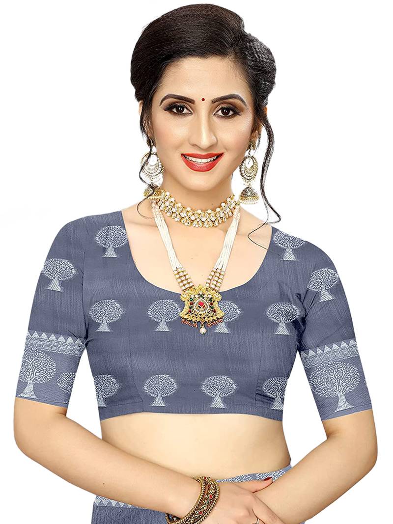 Leeza Store Women's Grey Tissue Silk Silver Jacquard Woven Zari Tree Pattern Ethnic Motifs Saree With Blouse Piece