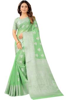 Leeza Store Women'S Tissue Silk Green Jacqaurd Woven Silver Zari Floral Saree