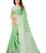 Women'S Tissue Silk Green Jacqaurd Woven Silver Zari Floral Saree