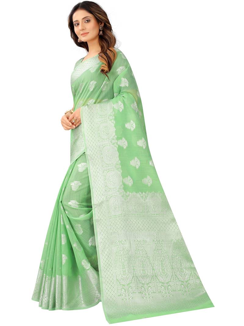 Leeza Store Women'S Tissue Silk Green Jacqaurd Woven Silver Zari Floral Saree