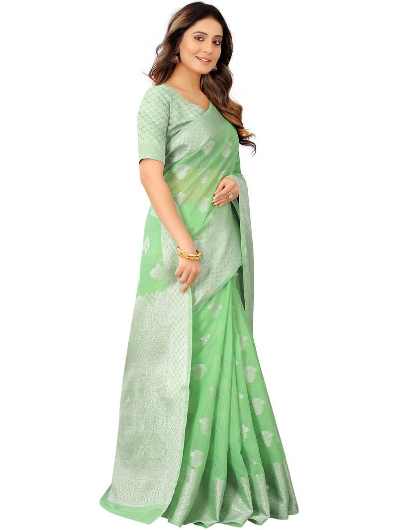 Leeza Store Women'S Tissue Silk Green Jacqaurd Woven Silver Zari Floral Saree