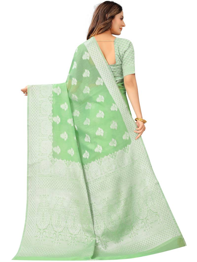 Leeza Store Women'S Tissue Silk Green Jacqaurd Woven Silver Zari Floral Saree