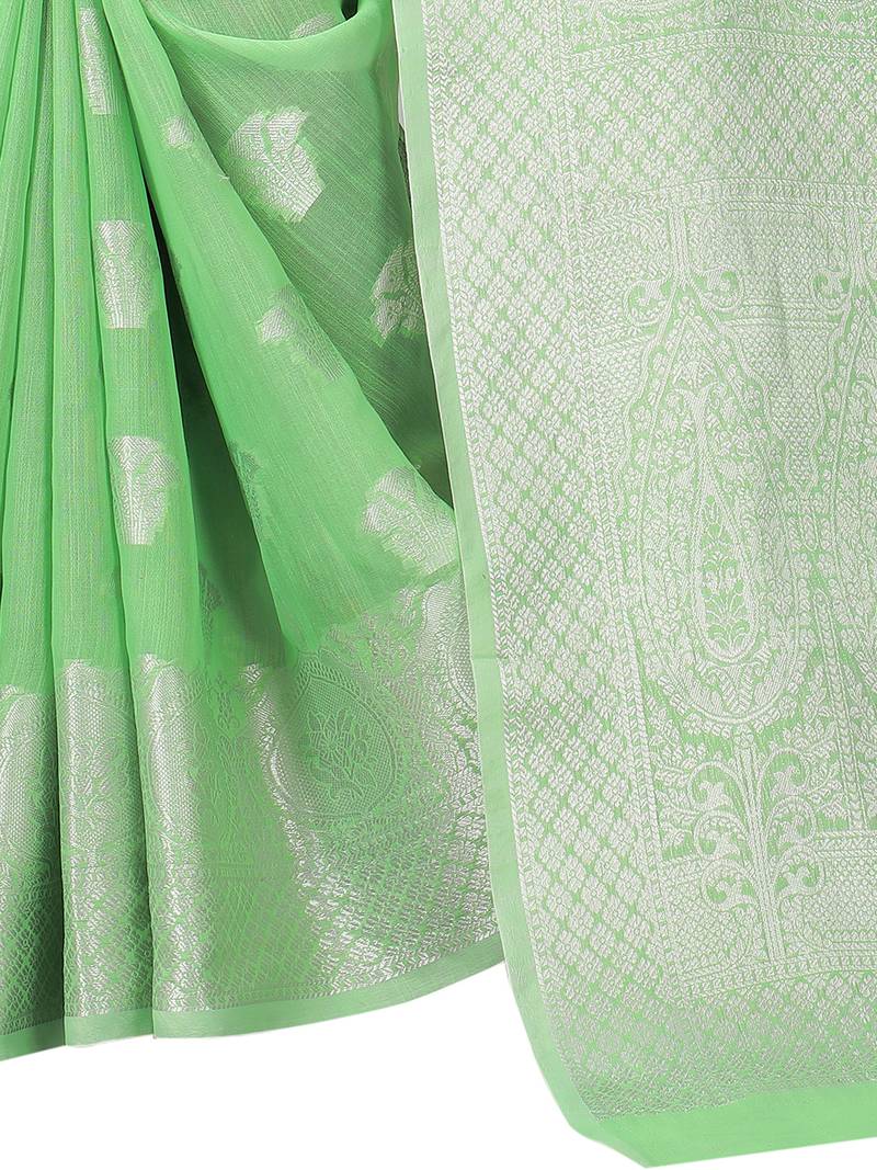 Leeza Store Women'S Tissue Silk Green Jacqaurd Woven Silver Zari Floral Saree