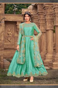 Sea Green Designer Heavy Thread Embroidery Work Super Silk unstitched Long Length Kameez Pant wedding wear salwar suit