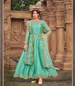 Sea Green Designer Heavy Thread Embroidery Work Super Silk unstitched Long Length Kameez Pant wedding wear salwar suit
