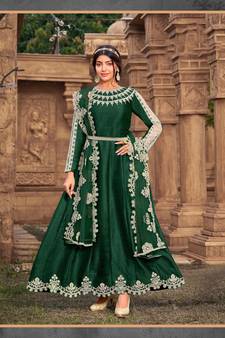 Green Designer Heavy Thread Embroidery Work Super Silk unstitched Long Length Kameez Pant silk salwar suit