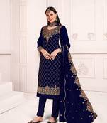 Blue Heavy Designer Embroidery,Stone Work Georgette unstitched Long Length Kameez Pant silk salwar suit