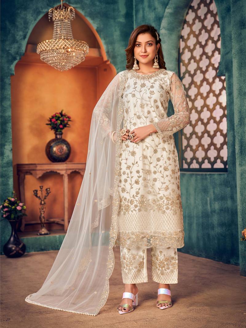 White Heavy Designer Embroidery Work Net unstitched Long Length