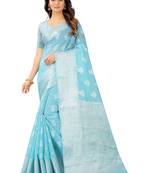 Leeza Store Women's Tissue Silk Blue Jacqaurd Woven Silver Zari Floral saree