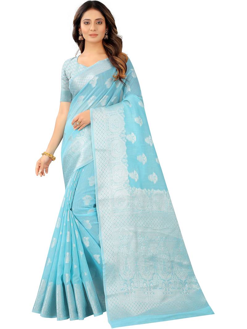 Leeza Store Women's Tissue Silk Blue Jacqaurd Woven Silver Zari Floral saree