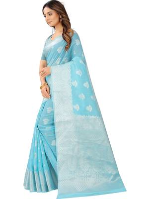 Leeza Store Women's Tissue Silk Blue Jacqaurd Woven Silver Zari Floral saree 2